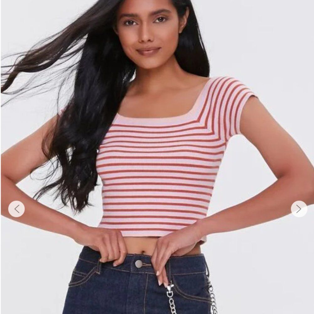 Pastel Striped Sweater Knit Cropped Blouse - Off Shoulder Boat Neck Crop Top